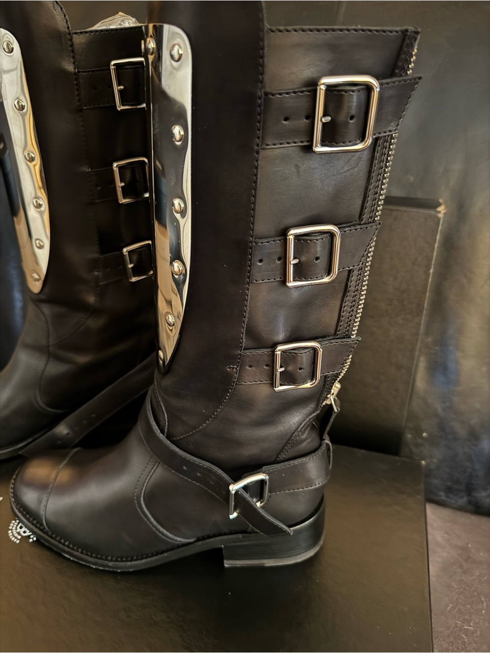 CHANEL Black Leather Knee-High Combat Boots with Silver Plate - Picture 4 of 16